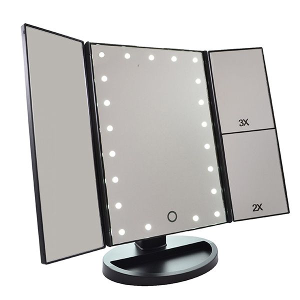 Drieluik LED make-up spiegel 2+3x vergroting